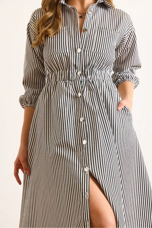 Women Black Elastic Waist Pocketed Maxi Shirt Dress ELB-19002398-Black - 6