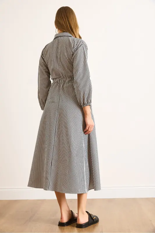 Women Black Elastic Waist Pocketed Maxi Shirt Dress ELB-19002398-Black - 7