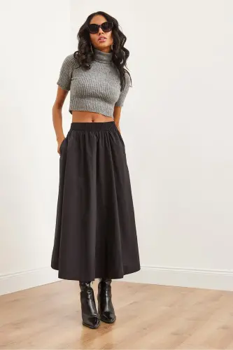 Women Black Elastic Waistband Parachute Bell Skirt ETK-190 - 3