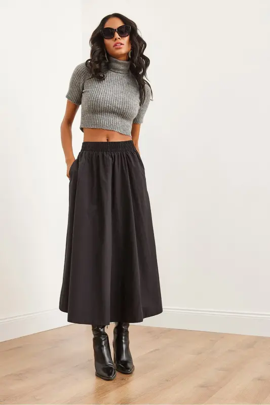 Women Black Elastic Waistband Parachute Bell Skirt ETK-190 - 3