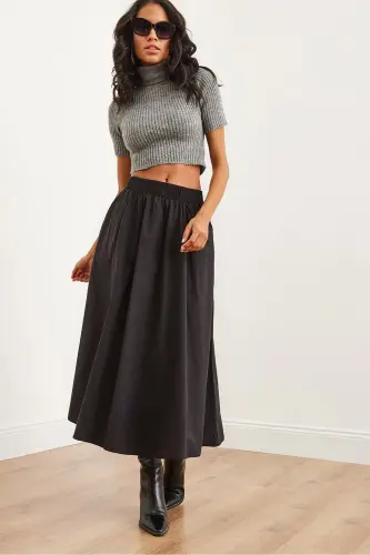 Women Black Elastic Waistband Parachute Bell Skirt ETK-190 - 4