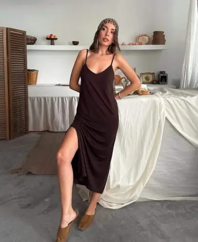 Women Black Elevator Strap Double Slit Helen Dress - 1