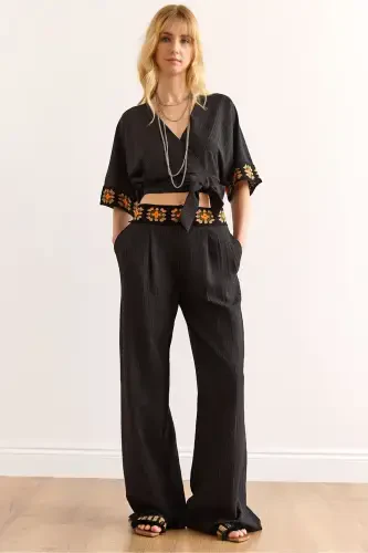 Women Black Embroidery Banded Top and Bottom Set TKM-1900038 - 1