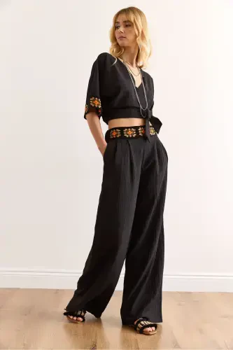 Women Black Embroidery Banded Top and Bottom Set TKM-1900038 - 2