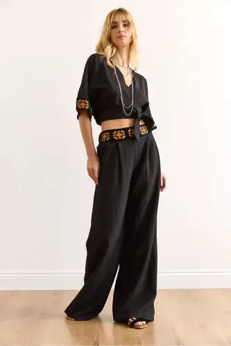 Women Black Embroidery Banded Top and Bottom Set TKM-1900038 - 5