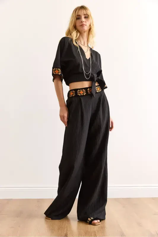 Women Black Embroidery Banded Top and Bottom Set TKM-1900038 - 5