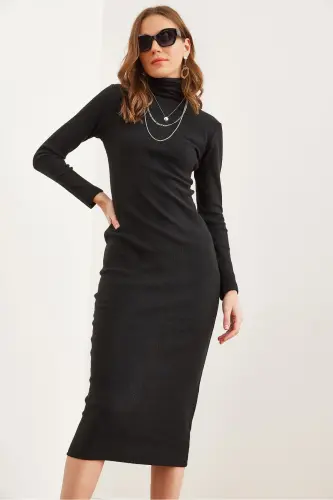 Women Black Full Turtleneck Fleece Midi Dress ELB-1 