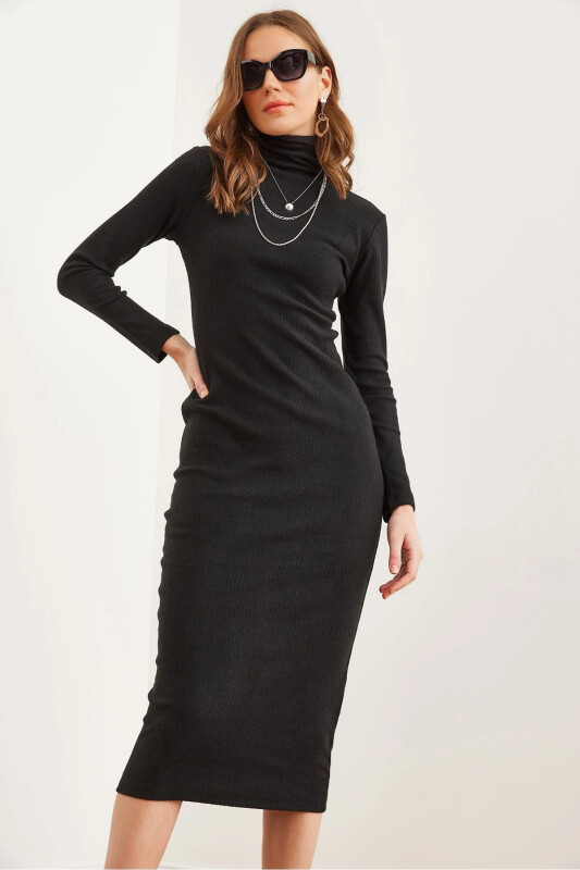 Women Black Full Turtleneck Fleece Midi Dress ELB-1 - OLALOOK