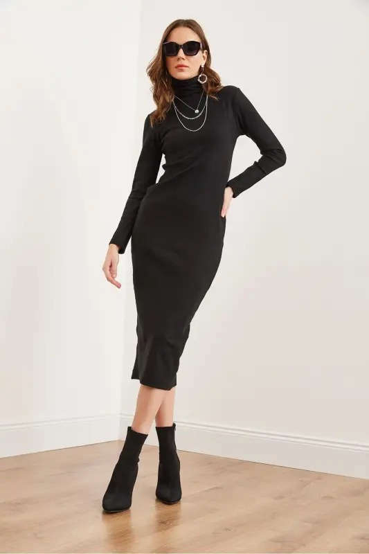 Women Black Full Turtleneck Fleece Midi Dress ELB-1 - 2