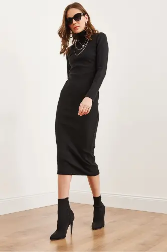 Women Black Full Turtleneck Fleece Midi Dress ELB-1 - 3