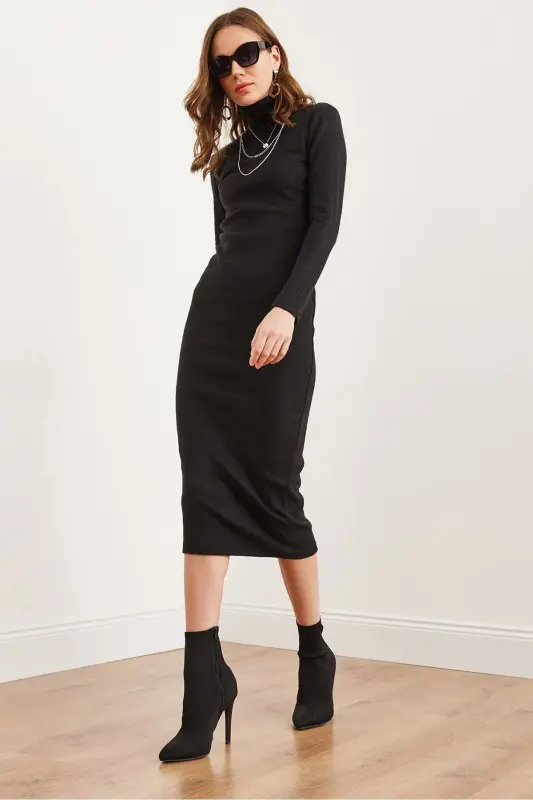 Women Black Full Turtleneck Fleece Midi Dress ELB-1 - 3