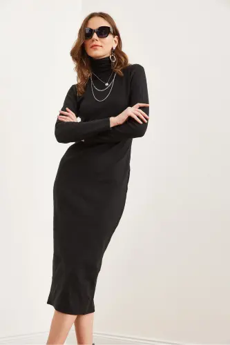 Women Black Full Turtleneck Fleece Midi Dress ELB-1 - 4