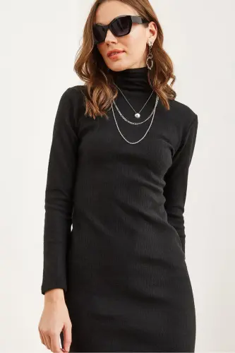 Women Black Full Turtleneck Fleece Midi Dress ELB-1 - 5