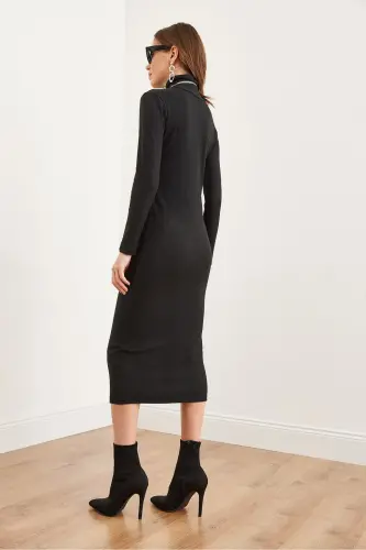Women Black Full Turtleneck Fleece Midi Dress ELB-1 - 6