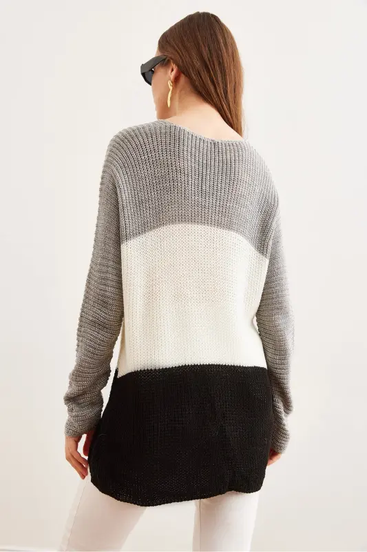 Women Black Grey Color Block Asymmetrical Knit Sweater KZK-19000920-Black Grey - 6