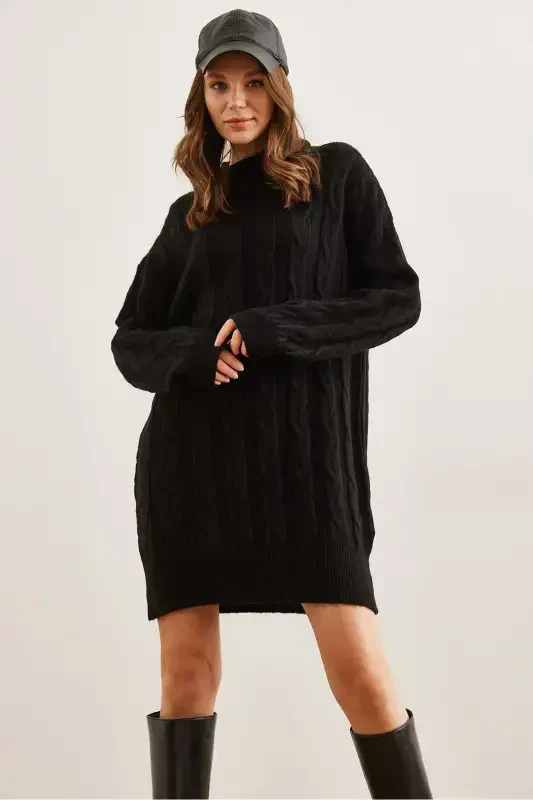 Women Black Hair Braided Knitted Tunic Dress ELB-19002 - 9