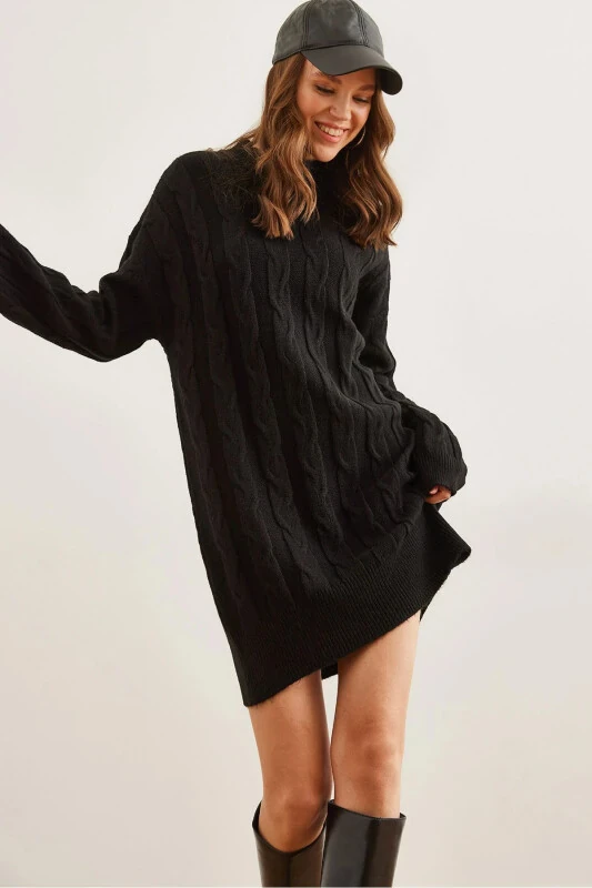 Women Black Hair Braided Knitted Tunic Dress ELB-19002 - OLALOOK