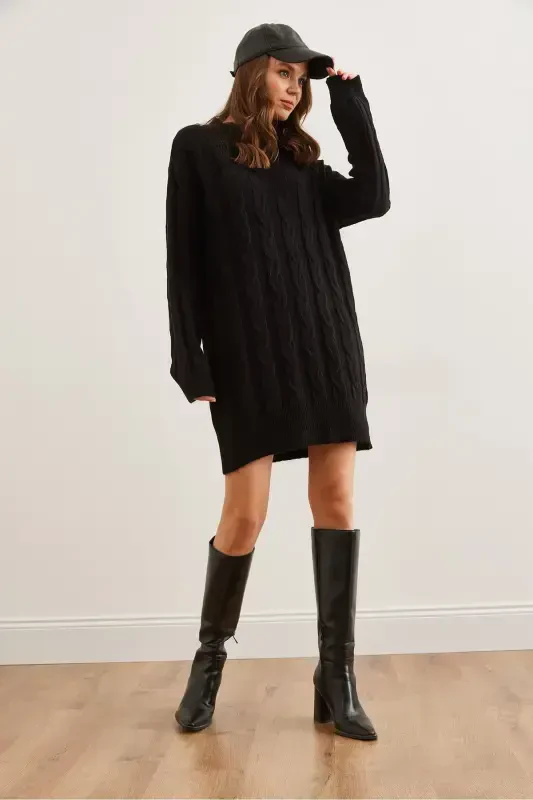 Women Black Hair Braided Knitted Tunic Dress ELB-19002 - 2
