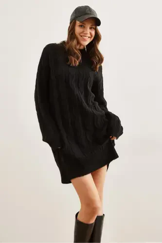 Women Black Hair Braided Knitted Tunic Dress ELB-19002 - 3
