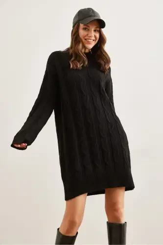 Women Black Hair Braided Knitted Tunic Dress ELB-19002 - 5