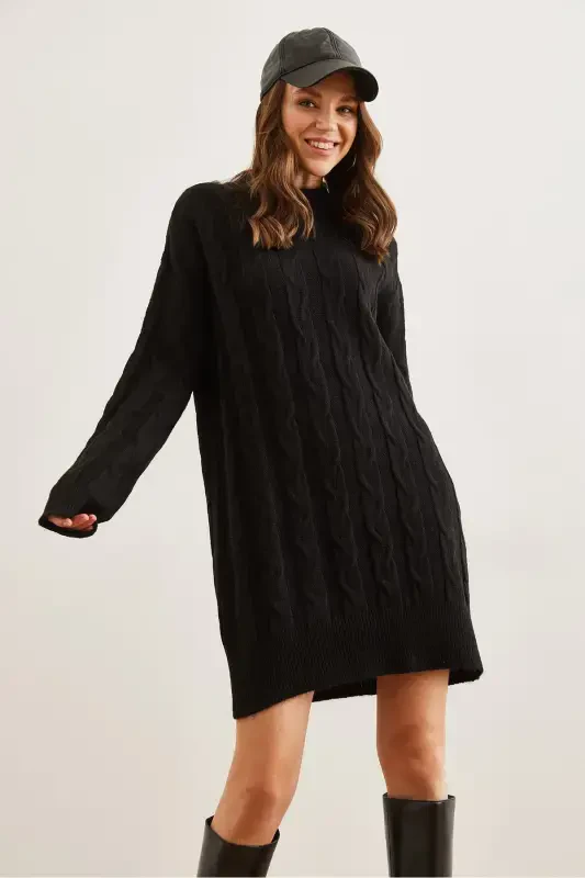 Women Black Hair Braided Knitted Tunic Dress ELB-19002 - 5