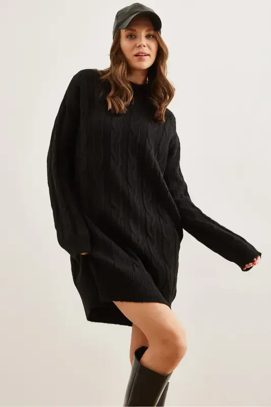 Women Black Hair Braided Knitted Tunic Dress ELB-19002 - 6