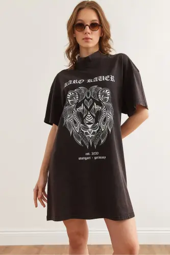 Women Black Half Turtleneck Washy Tunic Dress EL - 1