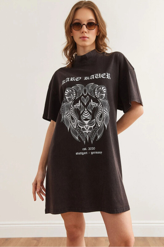 Women Black Half Turtleneck Washy Tunic Dress EL - OLALOOK