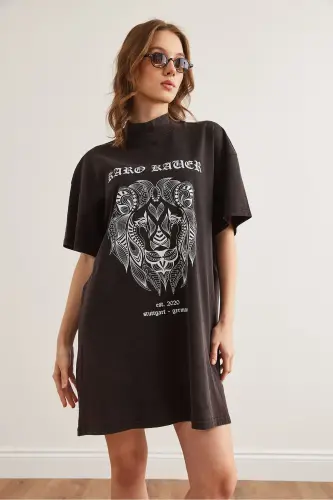 Women Black Half Turtleneck Washy Tunic Dress EL - OLALOOK (1)