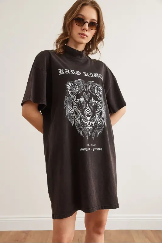 Women Black Half Turtleneck Washy Tunic Dress EL - 3