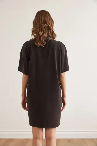Women Black Half Turtleneck Washy Tunic Dress EL - 5