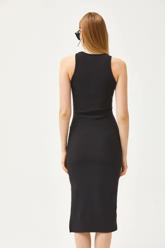 Women Black Halter Neck Lycra Ribbed Slit Ottoman Dress ELB-19002081-Black - 6