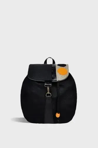 Women Black Handmade Backpack-BlackYellowCircle - 1