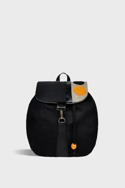 Women Black Handmade Backpack-BlackYellowCircle - 1