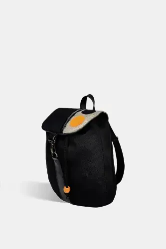 Women Black Handmade Backpack-BlackYellowCircle - 3