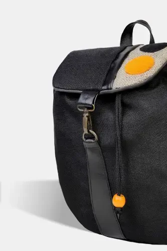 Women Black Handmade Backpack-BlackYellowCircle - 6