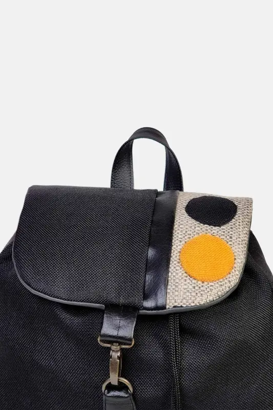 Women Black Handmade Backpack-BlackYellowCircle - 3