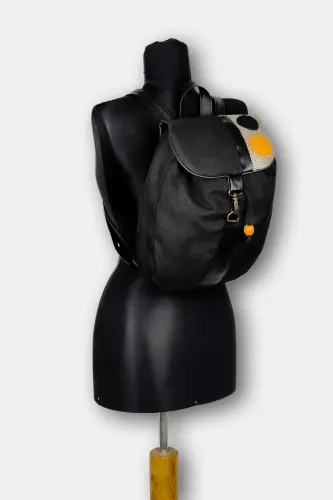 Women Black Handmade Backpack-BlackYellowCircle - 4