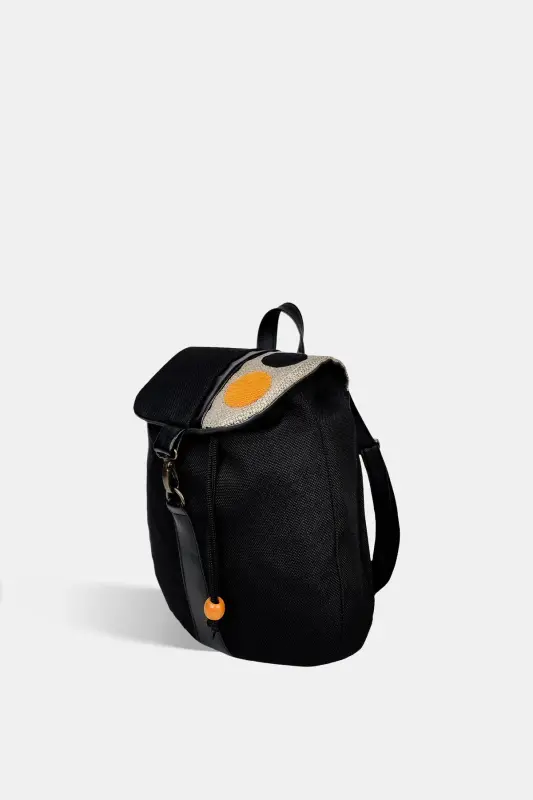 Women Black Handmade Backpack-BlackYellowCircle - 5