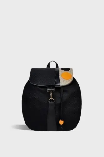 Women Black Handmade Backpack-BlackYellowCircle 