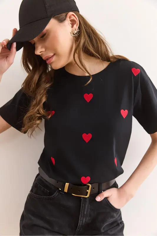Women Black Heart Embroidered Cotton Regular Fit T-Shirt - 4