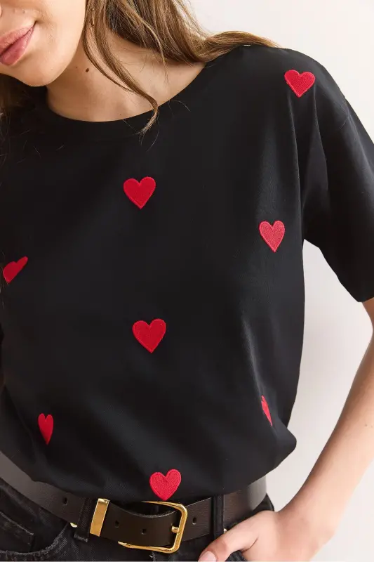 Women Black Heart Embroidered Cotton Regular Fit T-Shirt - 5