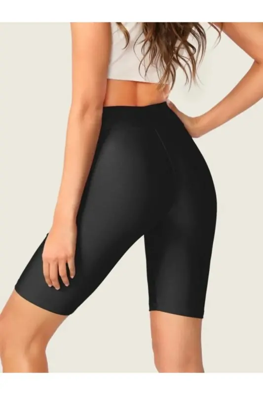 Women Black High Waist Tummy Control Sports Short Biker Shorts Leggings-Anthracite - 2