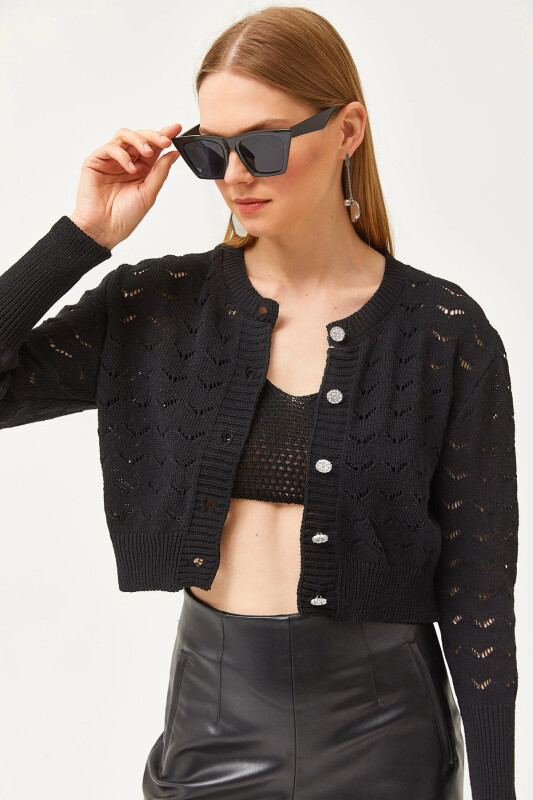 Women Black Inner Bustier Top Openwork Cardigan Knitted Set - OLALOOK