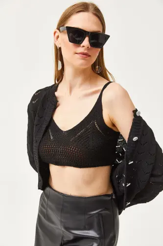 Women Black Inner Bustier Top Openwork Cardigan Knitted Set - OLALOOK (1)