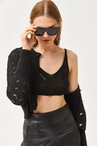 Women Black Inner Bustier Top Openwork Cardigan Knitted Set - 3