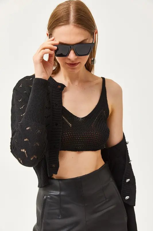 Women Black Inner Bustier Top Openwork Cardigan Knitted Set - 3