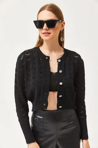 Women Black Inner Bustier Top Openwork Cardigan Knitted Set - 4