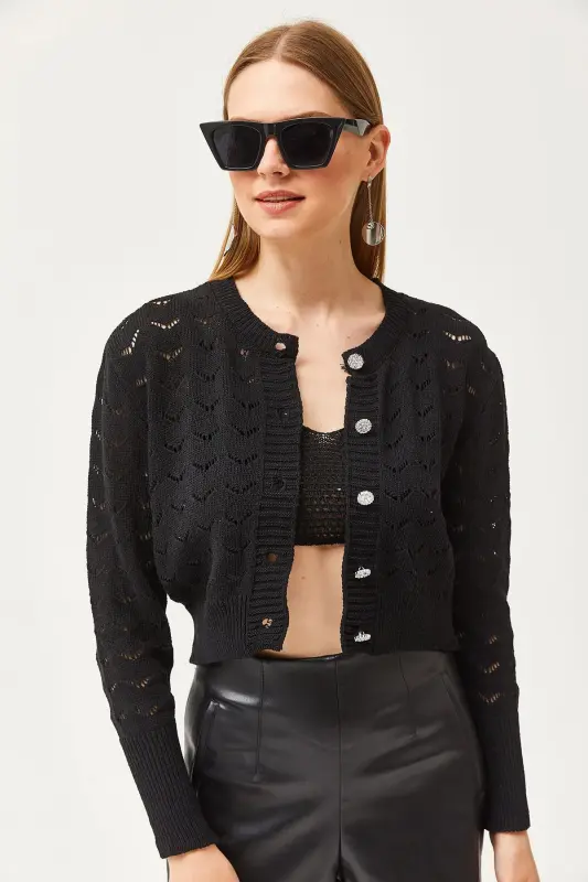 Women Black Inner Bustier Top Openwork Cardigan Knitted Set - 4