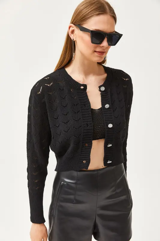 Women Black Inner Bustier Top Openwork Cardigan Knitted Set - 5